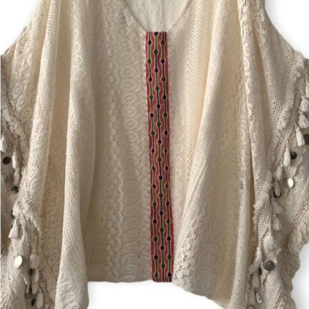 Avani Del Amour pullover Boho 100% Cotton crochet hippie Fringe poncho Size S/M - Picture 8 of 15